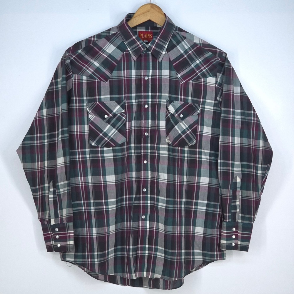 Plains Western Wear Pearl Snap Plaid Shirt Men's Large Vintage Western Cowboy